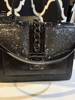 Aldo Black Sequin Patent Satchel with Adjustable and removable Chain Accent